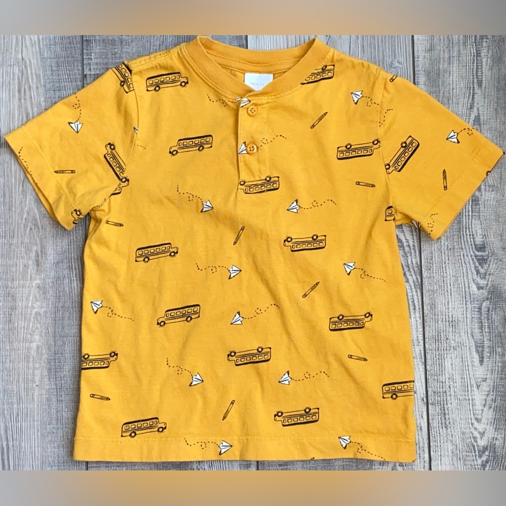 Hanna Anderson Yellow School Bus Paper Airplane Polo Button Front Back 2 School